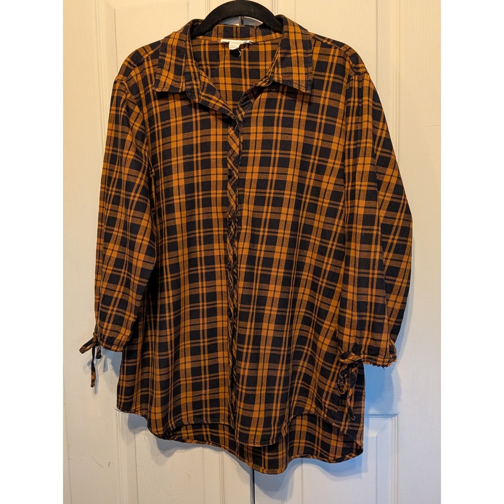 Beachlunchlounge Mustard Yellow Navy Plaid Button Down Tie Sleeve Shirt L